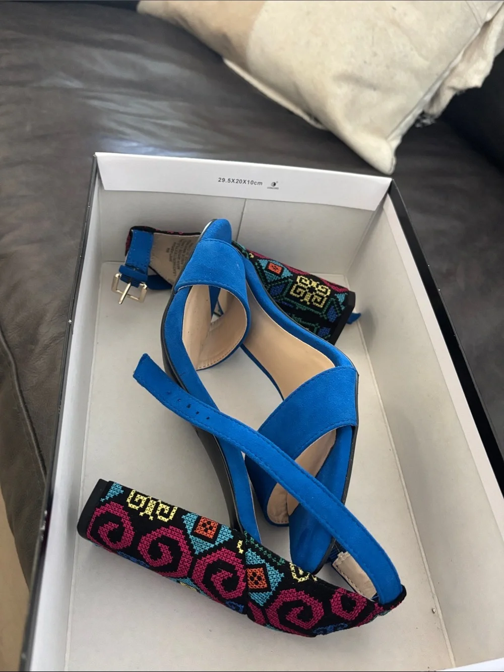 Nine West Electric Blue Suede Embroidered Block-Heel Sandals